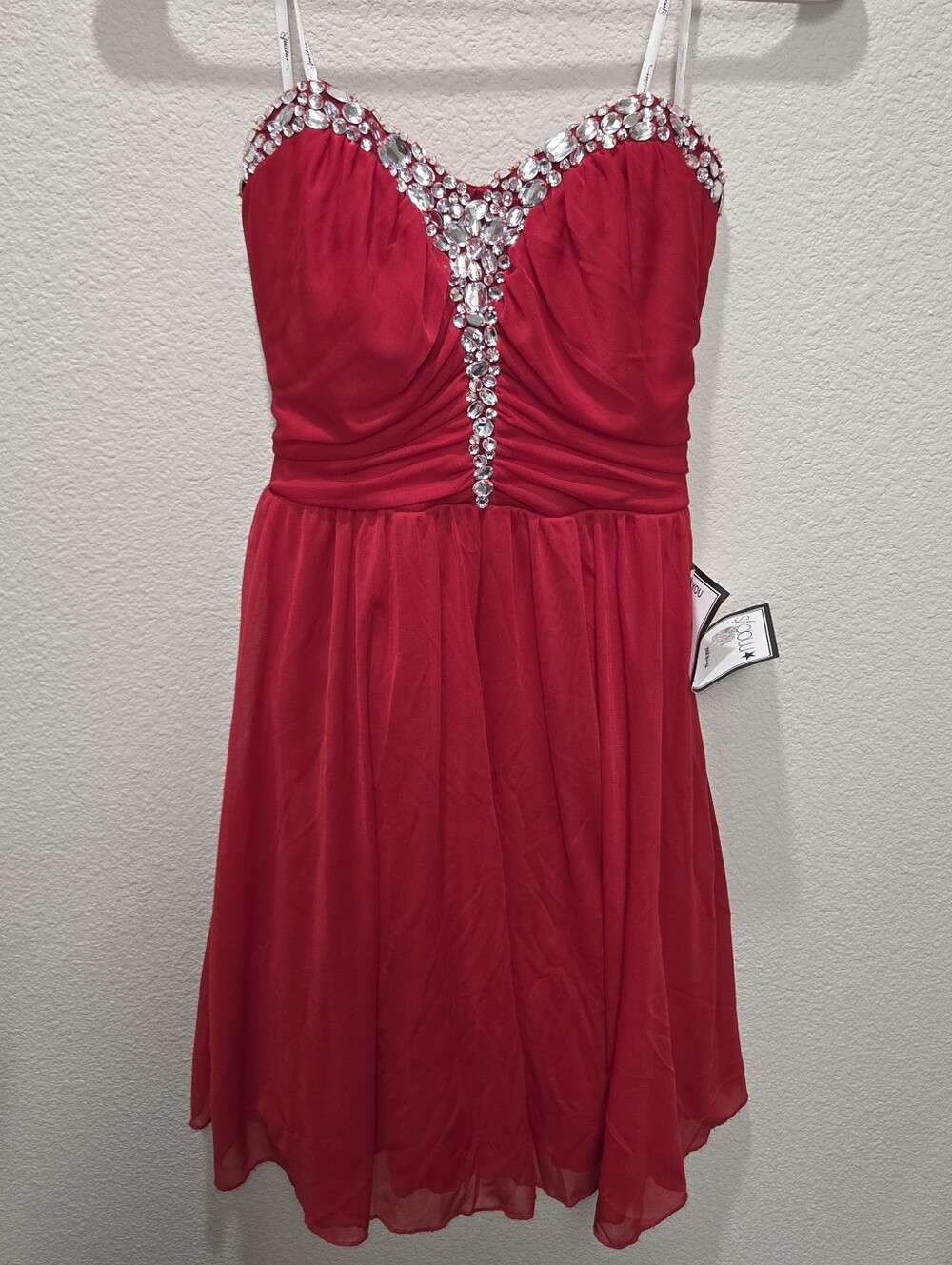 Speechless Red Ruched Bodice Party Dress with Jewel Accent
